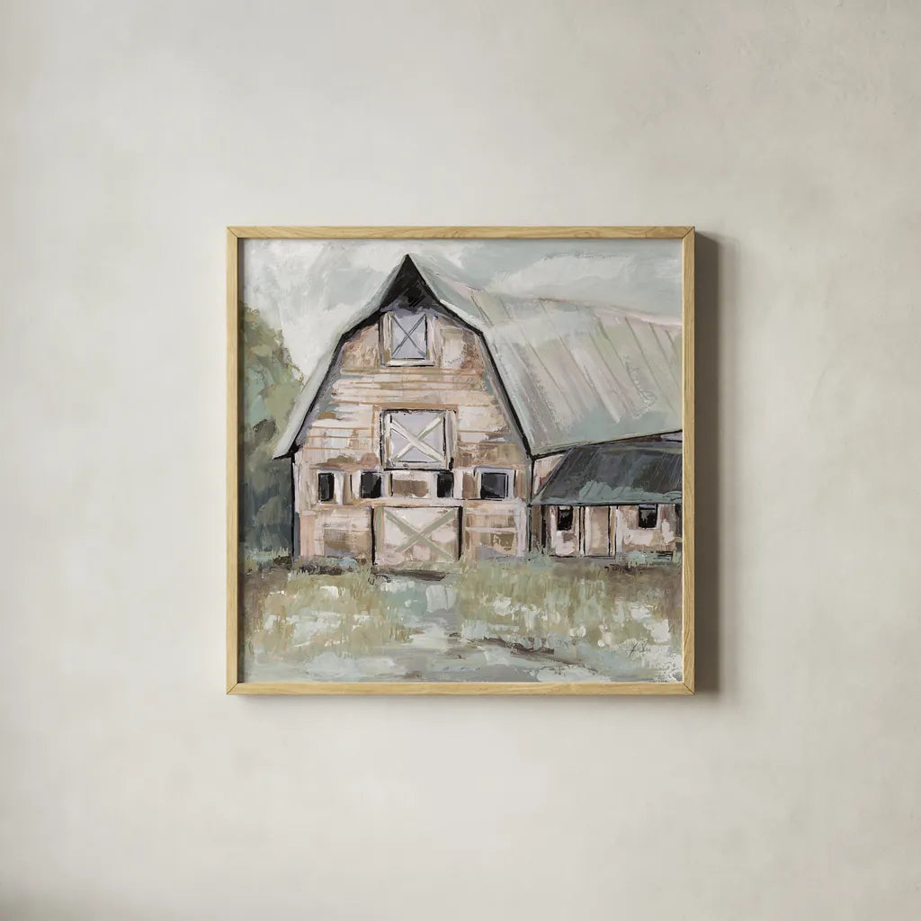 Going to the Country II Neutral by Jeanette Vertentes. Shown in a natural wood glass frame for a timeless modern aesthetic. Available as an archival giclee rolled canvas, fine art paper, or poster print. SKU 53452a.