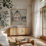 Going to the Country II Neutral by Jeanette Vertentes. Shown in a natural wood frame in a cozy modern living room. Available as an archival giclee rolled canvas, fine art paper, or poster print. SKU 53452a.