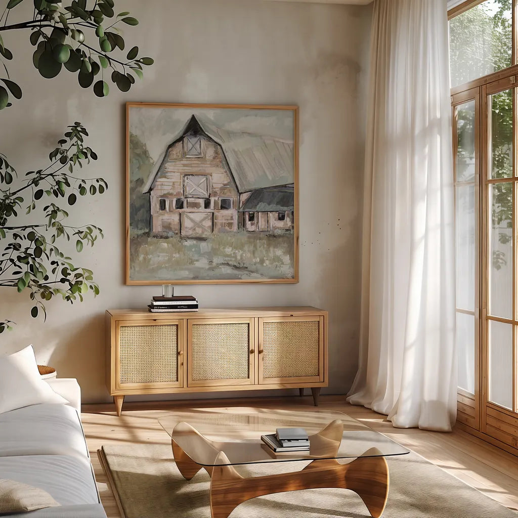 Going to the Country II Neutral by Jeanette Vertentes. Shown in a natural wood frame in a cozy modern living room. Available as an archival giclee rolled canvas, fine art paper, or poster print. SKU 53452a.