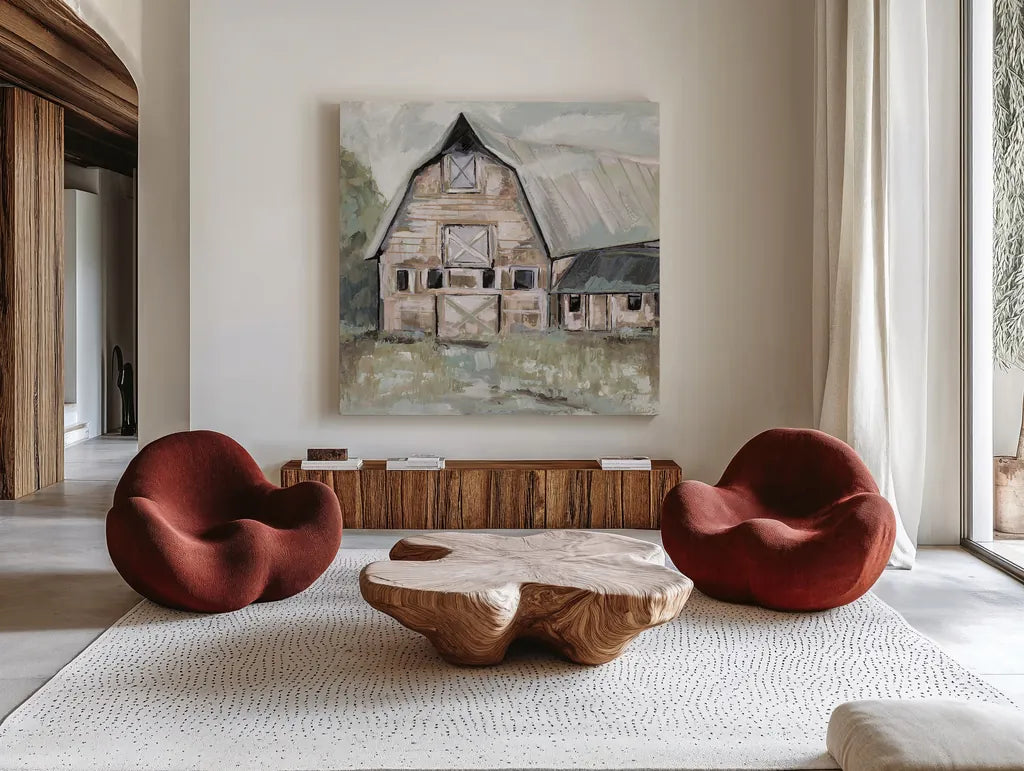Going to the Country II Neutral by Jeanette Vertentes. Shown as extra-large giant wall art in a modern living room. Available as an archival giclee rolled canvas, fine art paper, or poster print. SKU 53452a.
