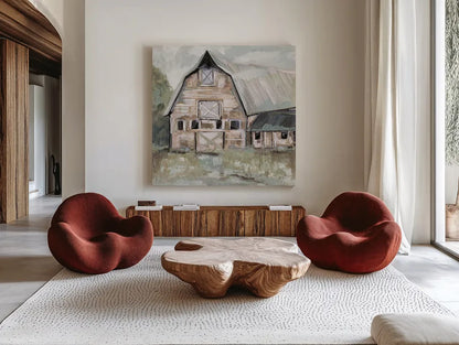Going to the Country II Neutral by Jeanette Vertentes. Shown as extra-large giant wall art in a modern living room. Available as an archival giclee rolled canvas, fine art paper, or poster print. SKU 53452a.