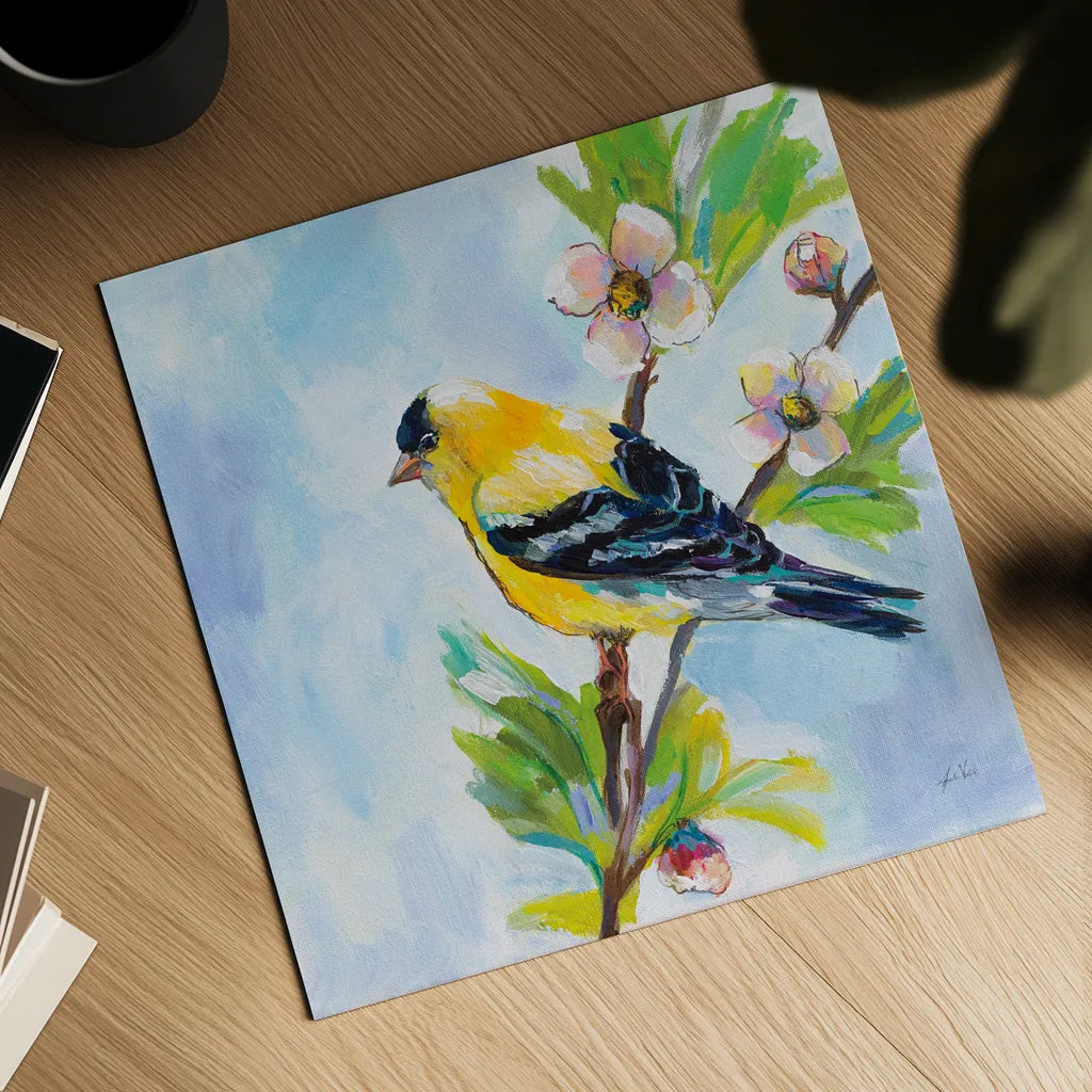 Golden Finch by Jeanette Vertentes. Shown as a detailed flat fine art print, highlighting archival giclee quality. Available as an archival giclee rolled canvas, fine art paper, or poster print. SKU 63457a.
