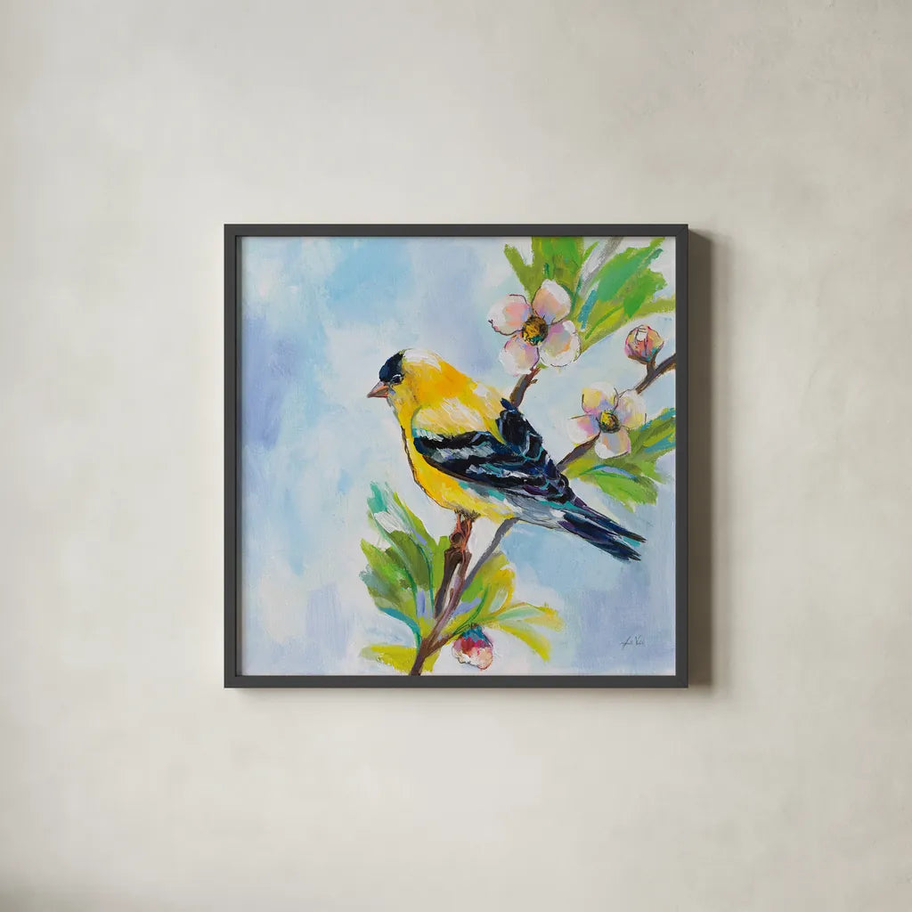 Golden Finch by Jeanette Vertentes. Shown in a sleek black glass frame for a contemporary gallery look. Available as an archival giclee rolled canvas, fine art paper, or poster print. SKU 63457a.