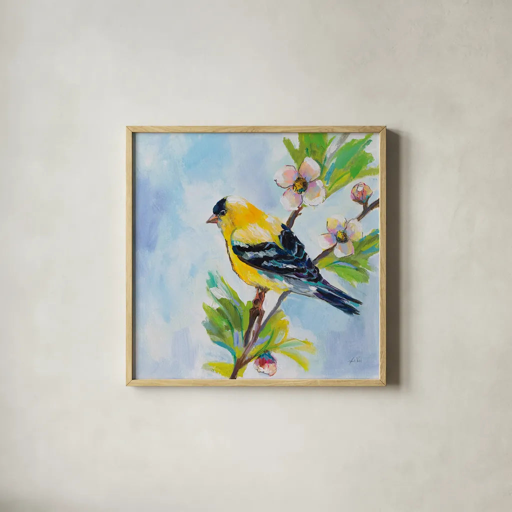 Golden Finch by Jeanette Vertentes. Shown in a natural wood glass frame for a timeless modern aesthetic. Available as an archival giclee rolled canvas, fine art paper, or poster print. SKU 63457a.