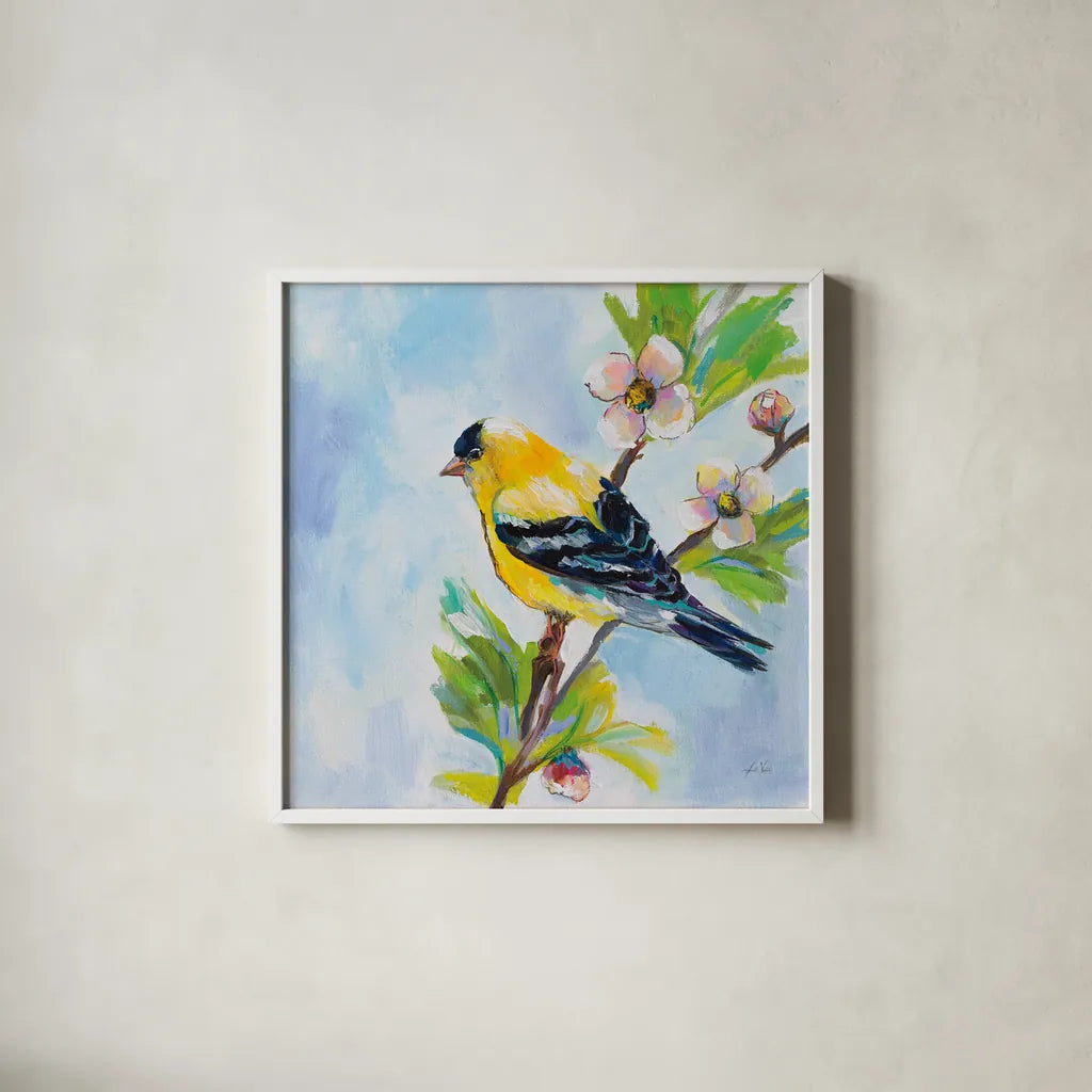 Golden Finch by Jeanette Vertentes. Shown in a crisp white glass frame for a clean and minimalist style. Available as an archival giclee rolled canvas, fine art paper, or poster print. SKU 63457a.