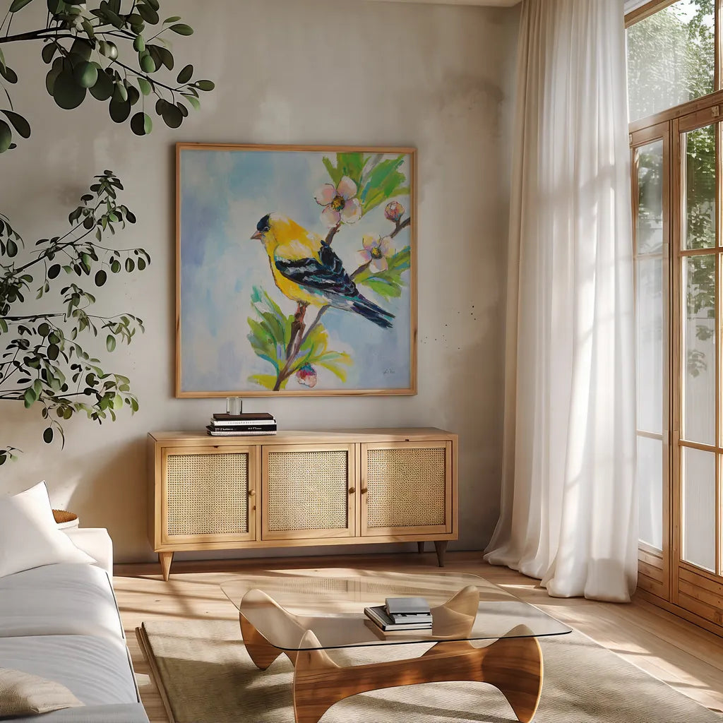 Golden Finch by Jeanette Vertentes. Shown in a natural wood frame in a cozy modern living room. Available as an archival giclee rolled canvas, fine art paper, or poster print. SKU 63457a.