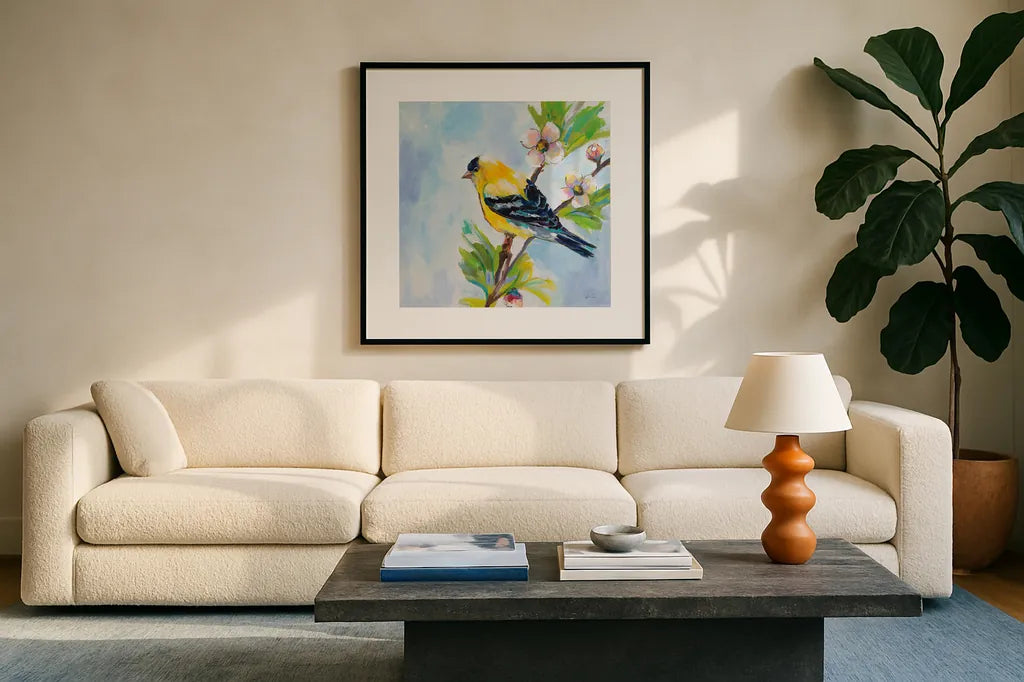 Golden Finch by Jeanette Vertentes. Displayed in a glass frame with matte in a clean modern living room. Available as an archival giclee rolled canvas, fine art paper, or poster print. SKU 63457a.
