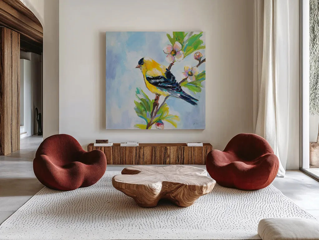 Golden Finch by Jeanette Vertentes. Shown as extra-large giant wall art in a modern living room. Available as an archival giclee rolled canvas, fine art paper, or poster print. SKU 63457a.