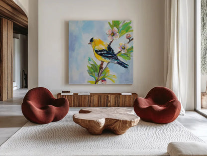 Golden Finch by Jeanette Vertentes. Shown as extra-large giant wall art in a modern living room. Available as an archival giclee rolled canvas, fine art paper, or poster print. SKU 63457a.