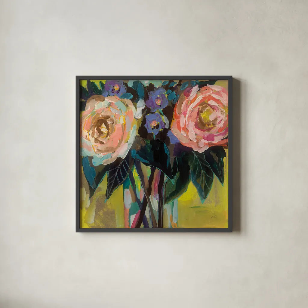 Happy Couple by Jeanette Vertentes. Shown in a sleek black glass frame for a contemporary gallery look. Available as an archival giclee rolled canvas, fine art paper, or poster print. SKU 49350a.