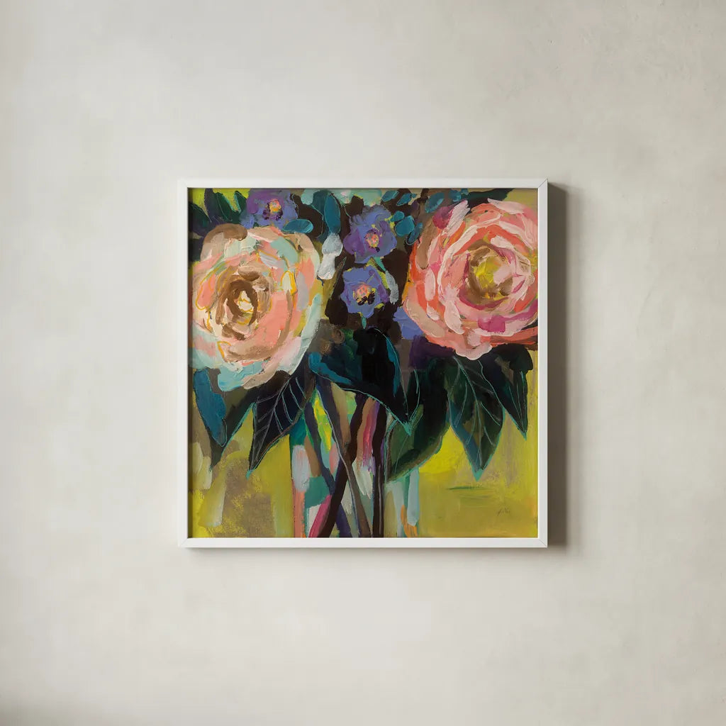 Happy Couple by Jeanette Vertentes. Shown in a crisp white glass frame for a clean and minimalist style. Available as an archival giclee rolled canvas, fine art paper, or poster print. SKU 49350a.