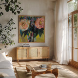 Happy Couple by Jeanette Vertentes. Shown in a natural wood frame in a cozy modern living room. Available as an archival giclee rolled canvas, fine art paper, or poster print. SKU 49350a.