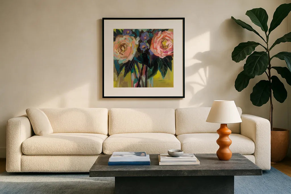 Happy Couple by Jeanette Vertentes. Displayed in a glass frame with matte in a clean modern living room. Available as an archival giclee rolled canvas, fine art paper, or poster print. SKU 49350a.