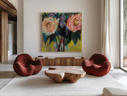 Happy Couple by Jeanette Vertentes. Shown as extra-large giant wall art in a modern living room. Available as an archival giclee rolled canvas, fine art paper, or poster print. SKU 49350a.