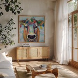 Holiday Beau by Jeanette Vertentes. Shown in a natural wood frame in a cozy modern living room. Available as an archival giclee rolled canvas, fine art paper, or poster print. SKU 58755a.