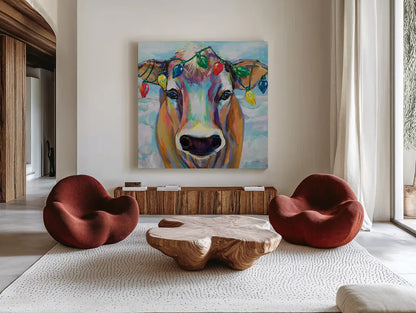 Holiday Beau by Jeanette Vertentes. Shown as extra-large giant wall art in a modern living room. Available as an archival giclee rolled canvas, fine art paper, or poster print. SKU 58755a.