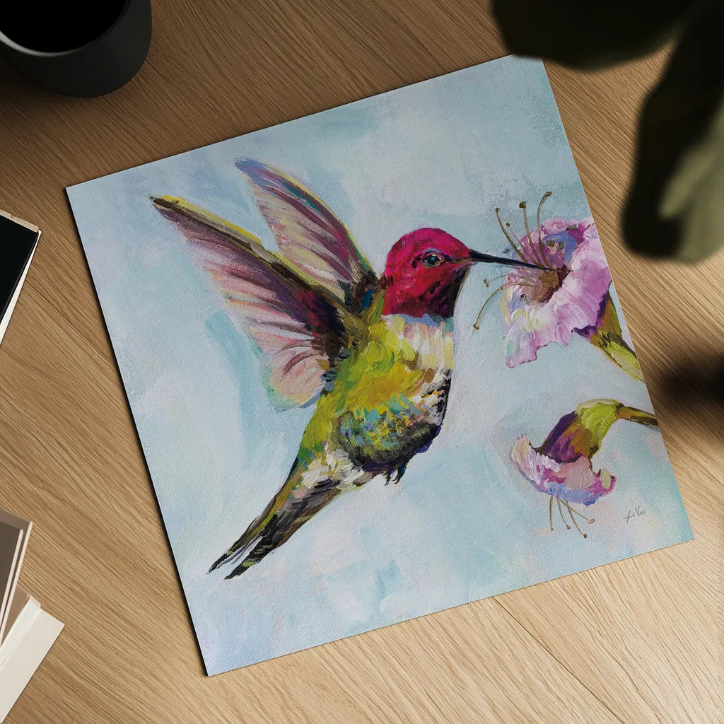 Hummingbird I by Jeanette Vertentes. Shown as a detailed flat fine art print, highlighting archival giclee quality. Available as an archival giclee rolled canvas, fine art paper, or poster print. SKU 63454a.