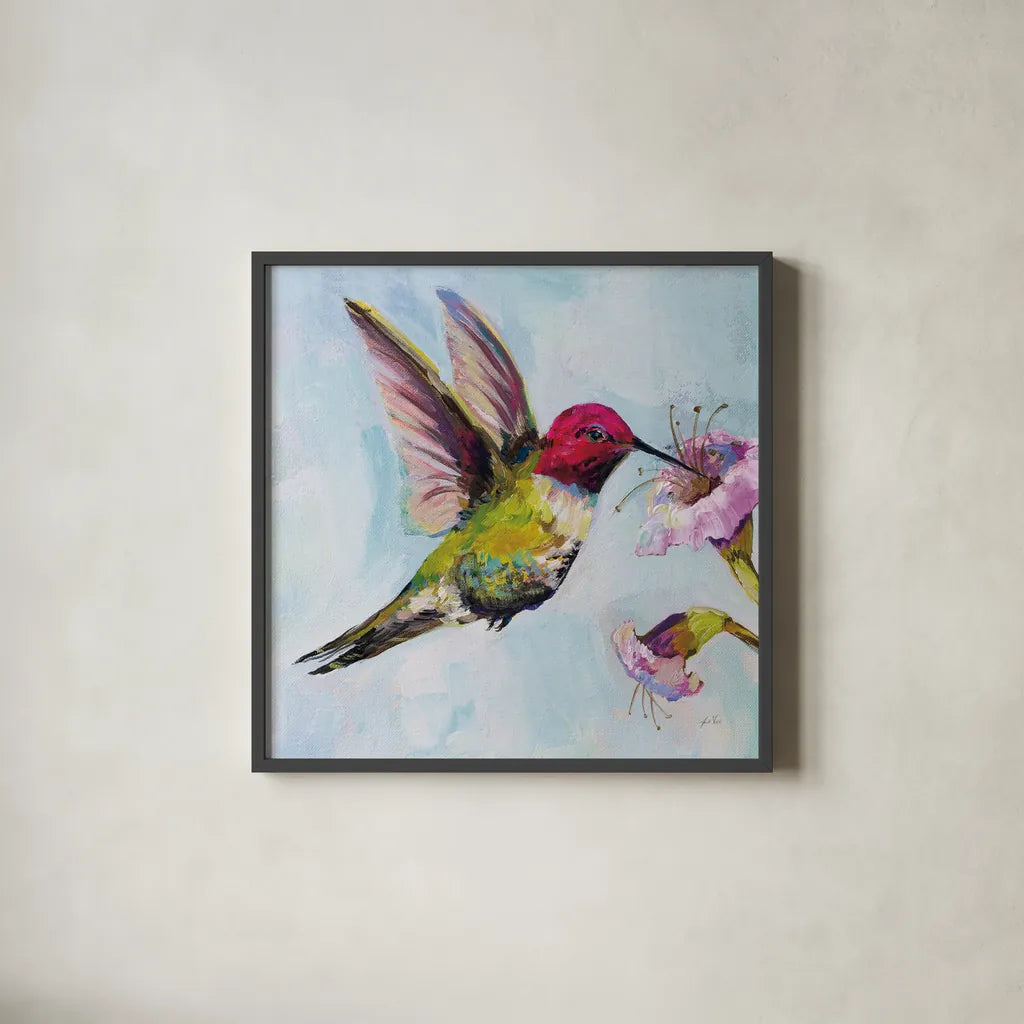 Hummingbird I by Jeanette Vertentes. Shown in a sleek black glass frame for a contemporary gallery look. Available as an archival giclee rolled canvas, fine art paper, or poster print. SKU 63454a.