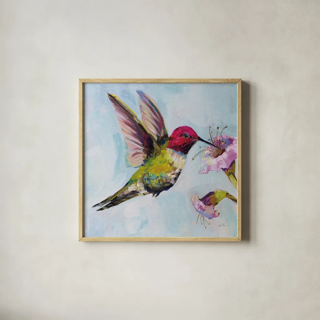 Hummingbird I by Jeanette Vertentes. Shown in a natural wood glass frame for a timeless modern aesthetic. Available as an archival giclee rolled canvas, fine art paper, or poster print. SKU 63454a.