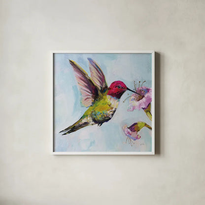 Hummingbird I by Jeanette Vertentes. Shown in a crisp white glass frame for a clean and minimalist style. Available as an archival giclee rolled canvas, fine art paper, or poster print. SKU 63454a.