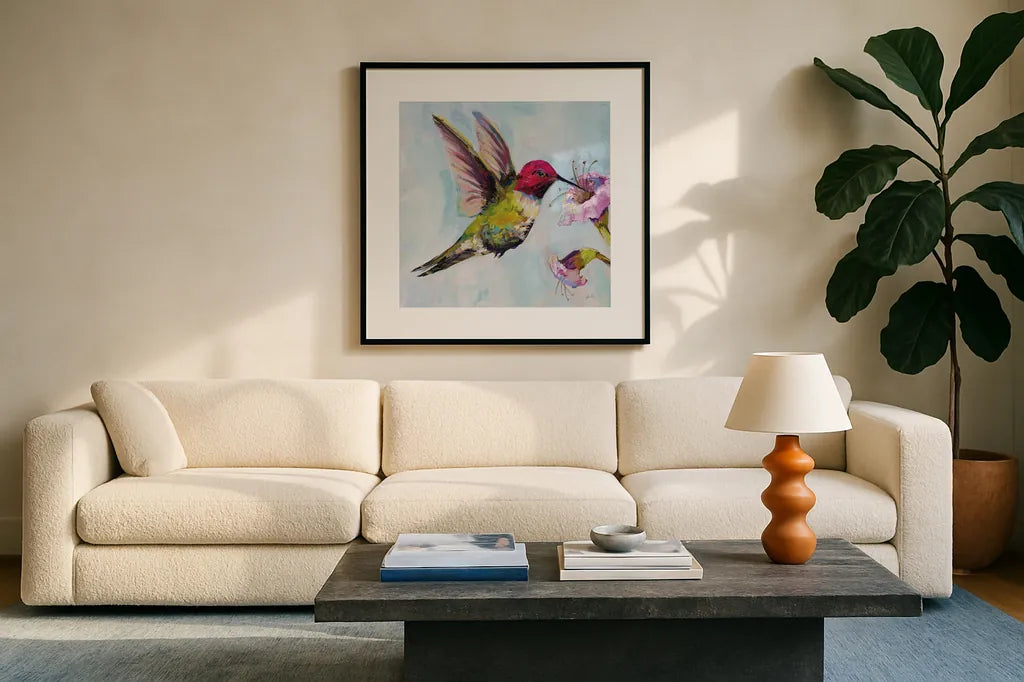 Hummingbird I by Jeanette Vertentes. Displayed in a glass frame with matte in a clean modern living room. Available as an archival giclee rolled canvas, fine art paper, or poster print. SKU 63454a.
