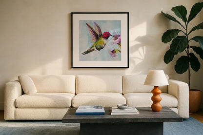 Hummingbird I by Jeanette Vertentes. Displayed in a glass frame with matte in a clean modern living room. Available as an archival giclee rolled canvas, fine art paper, or poster print. SKU 63454a.