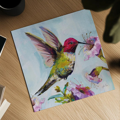 Hummingbird I Florals by Jeanette Vertentes. Shown as a detailed flat fine art print, highlighting archival giclee quality. Available as an archival giclee rolled canvas, fine art paper, or poster print. SKU 63688a.