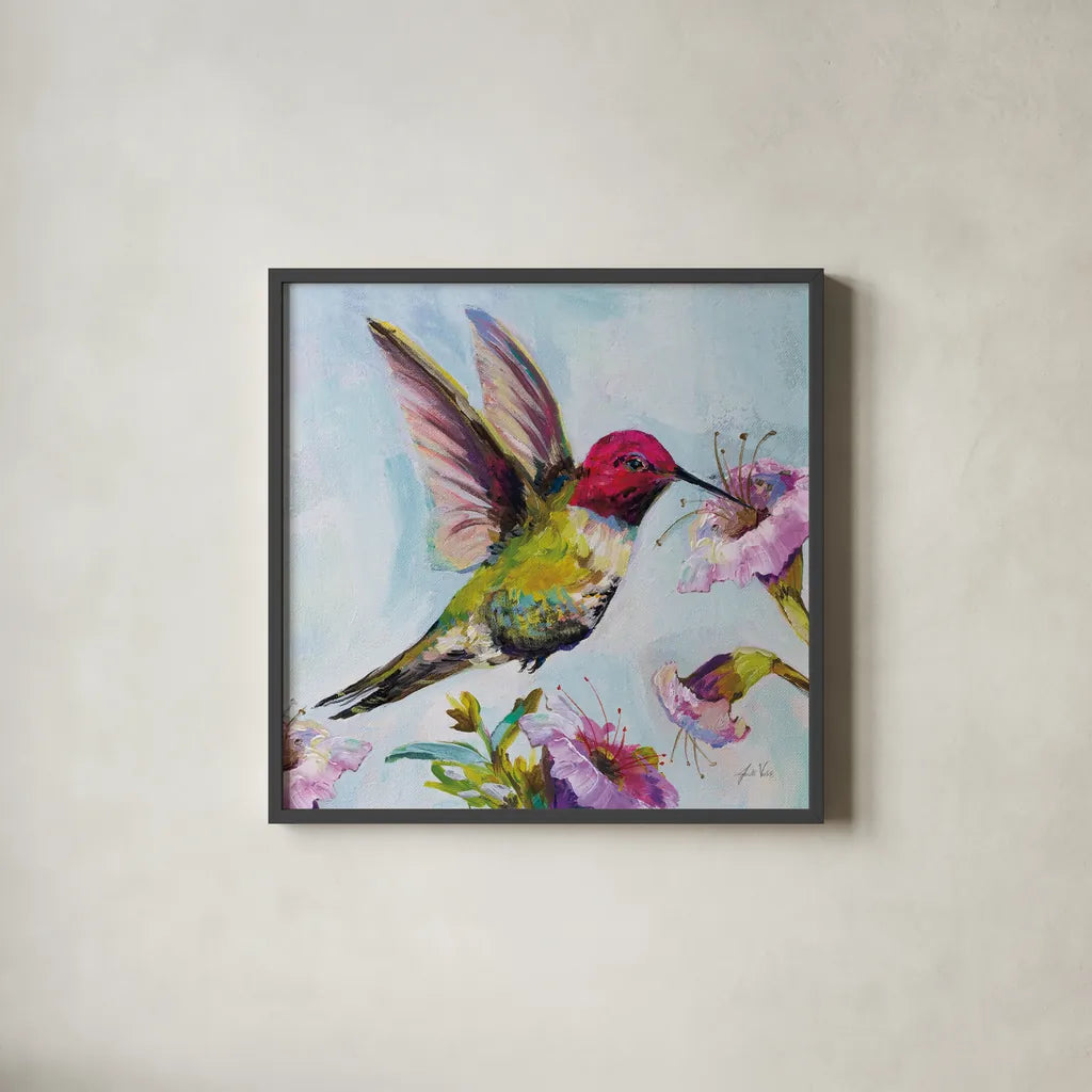 Hummingbird I Florals by Jeanette Vertentes. Shown in a sleek black glass frame for a contemporary gallery look. Available as an archival giclee rolled canvas, fine art paper, or poster print. SKU 63688a.