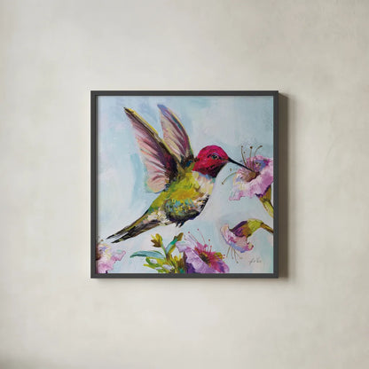 Hummingbird I Florals by Jeanette Vertentes. Shown in a sleek black glass frame for a contemporary gallery look. Available as an archival giclee rolled canvas, fine art paper, or poster print. SKU 63688a.