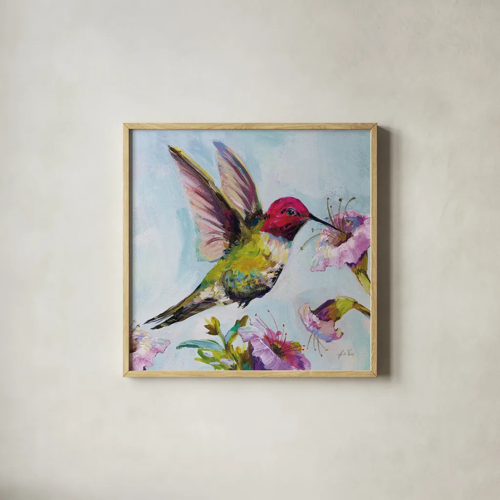 Hummingbird I Florals by Jeanette Vertentes. Shown in a natural wood glass frame for a timeless modern aesthetic. Available as an archival giclee rolled canvas, fine art paper, or poster print. SKU 63688a.