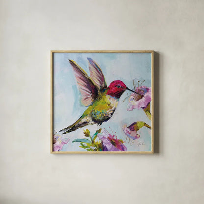 Hummingbird I Florals by Jeanette Vertentes. Shown in a natural wood glass frame for a timeless modern aesthetic. Available as an archival giclee rolled canvas, fine art paper, or poster print. SKU 63688a.
