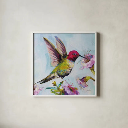 Hummingbird I Florals by Jeanette Vertentes. Shown in a crisp white glass frame for a clean and minimalist style. Available as an archival giclee rolled canvas, fine art paper, or poster print. SKU 63688a.