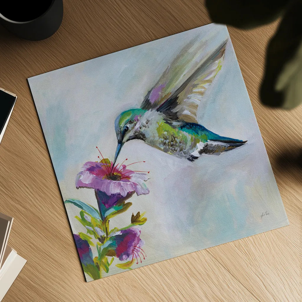 Hummingbird II by Jeanette Vertentes. Shown as a detailed flat fine art print, highlighting archival giclee quality. Available as an archival giclee rolled canvas, fine art paper, or poster print. SKU 63455a.