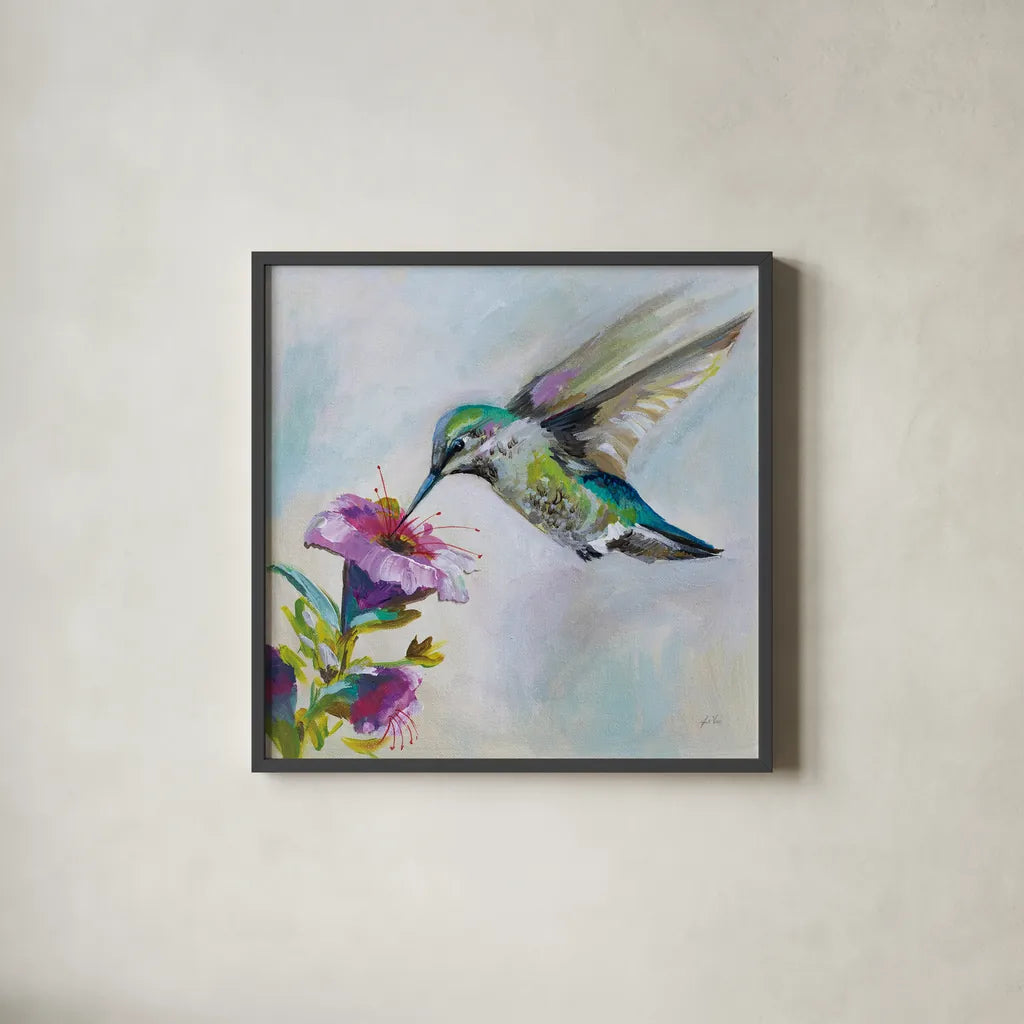 Hummingbird II by Jeanette Vertentes. Shown in a sleek black glass frame for a contemporary gallery look. Available as an archival giclee rolled canvas, fine art paper, or poster print. SKU 63455a.