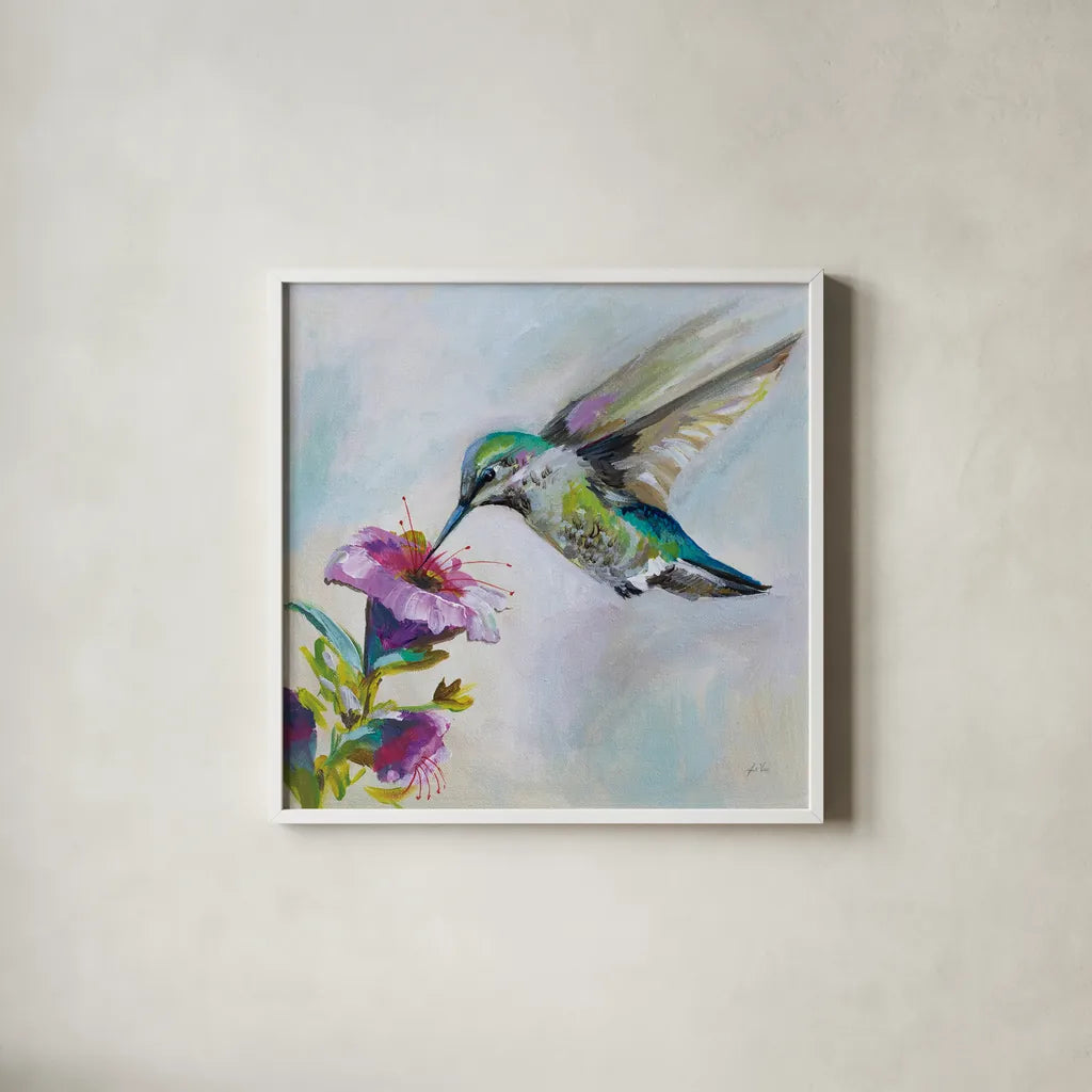 Hummingbird II by Jeanette Vertentes. Shown in a crisp white glass frame for a clean and minimalist style. Available as an archival giclee rolled canvas, fine art paper, or poster print. SKU 63455a.