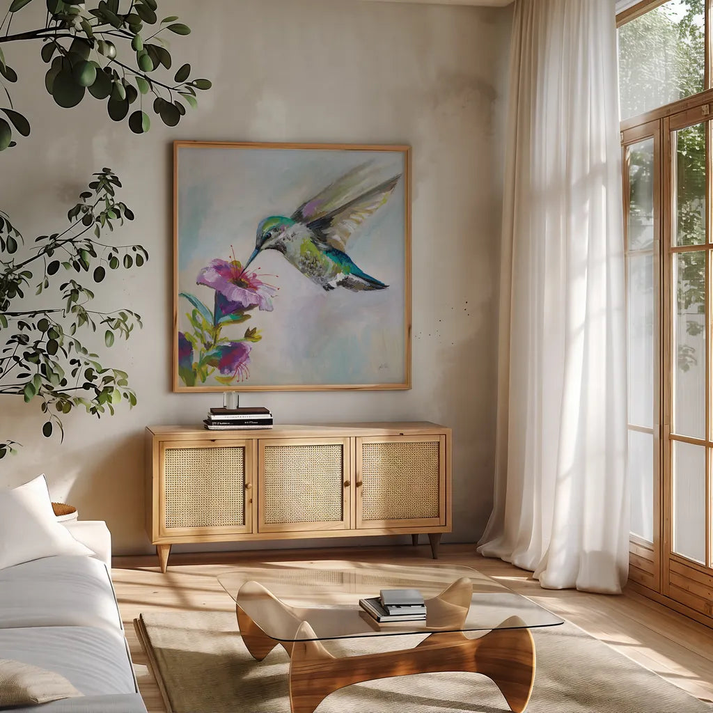 Hummingbird II by Jeanette Vertentes. Shown in a natural wood frame in a cozy modern living room. Available as an archival giclee rolled canvas, fine art paper, or poster print. SKU 63455a.