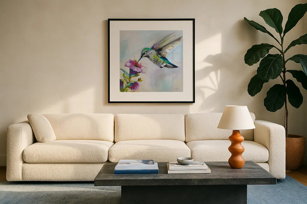 Hummingbird II by Jeanette Vertentes. Displayed in a glass frame with matte in a clean modern living room. Available as an archival giclee rolled canvas, fine art paper, or poster print. SKU 63455a.