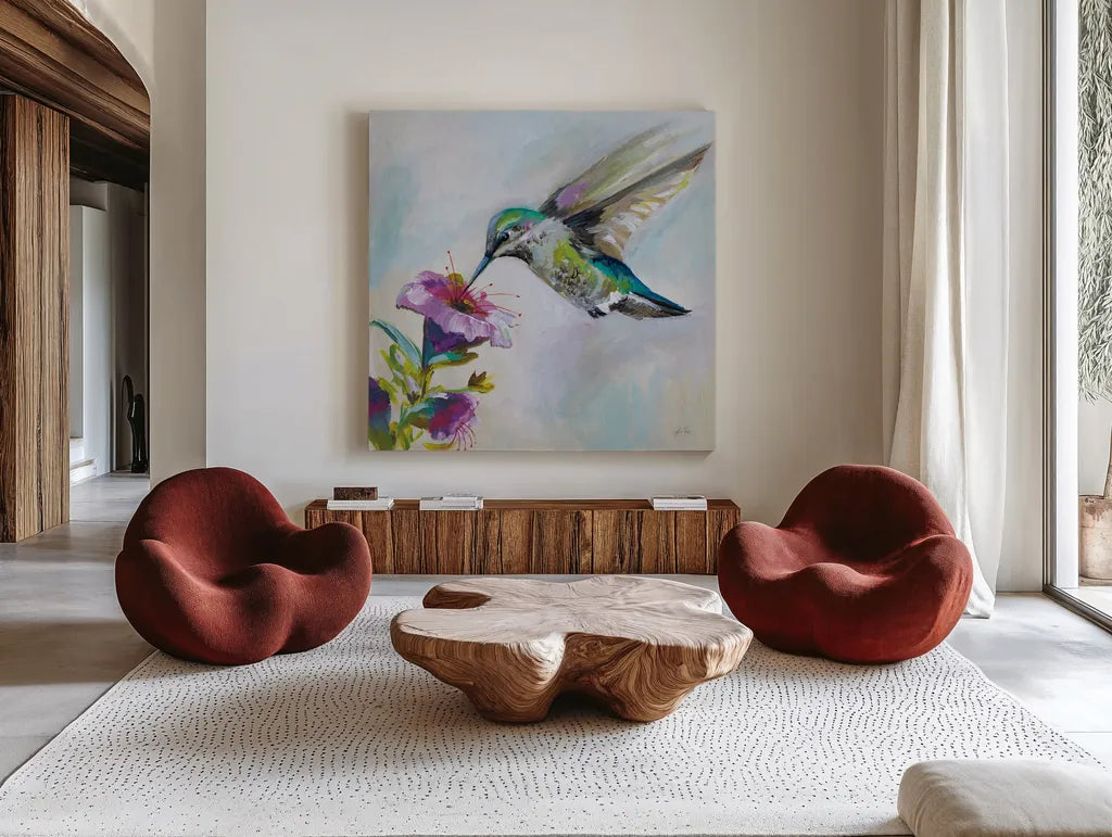 Hummingbird II by Jeanette Vertentes. Shown as extra-large giant wall art in a modern living room. Available as an archival giclee rolled canvas, fine art paper, or poster print. SKU 63455a.