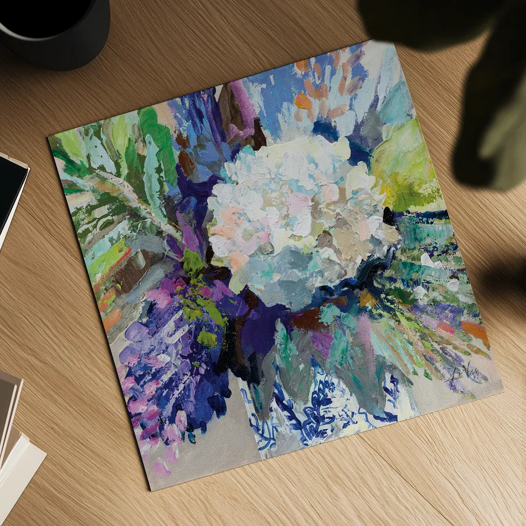 Hydrangea Chinoiserie I by Jeanette Vertentes. Shown as a detailed flat fine art print, highlighting archival giclee quality. Available as an archival giclee rolled canvas, fine art paper, or poster print. SKU 84311a.