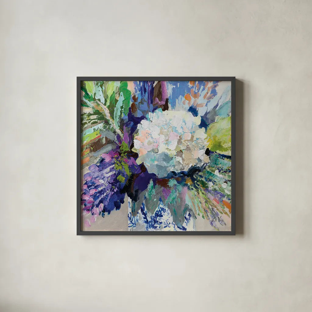 Hydrangea Chinoiserie I by Jeanette Vertentes. Shown in a sleek black glass frame for a contemporary gallery look. Available as an archival giclee rolled canvas, fine art paper, or poster print. SKU 84311a.