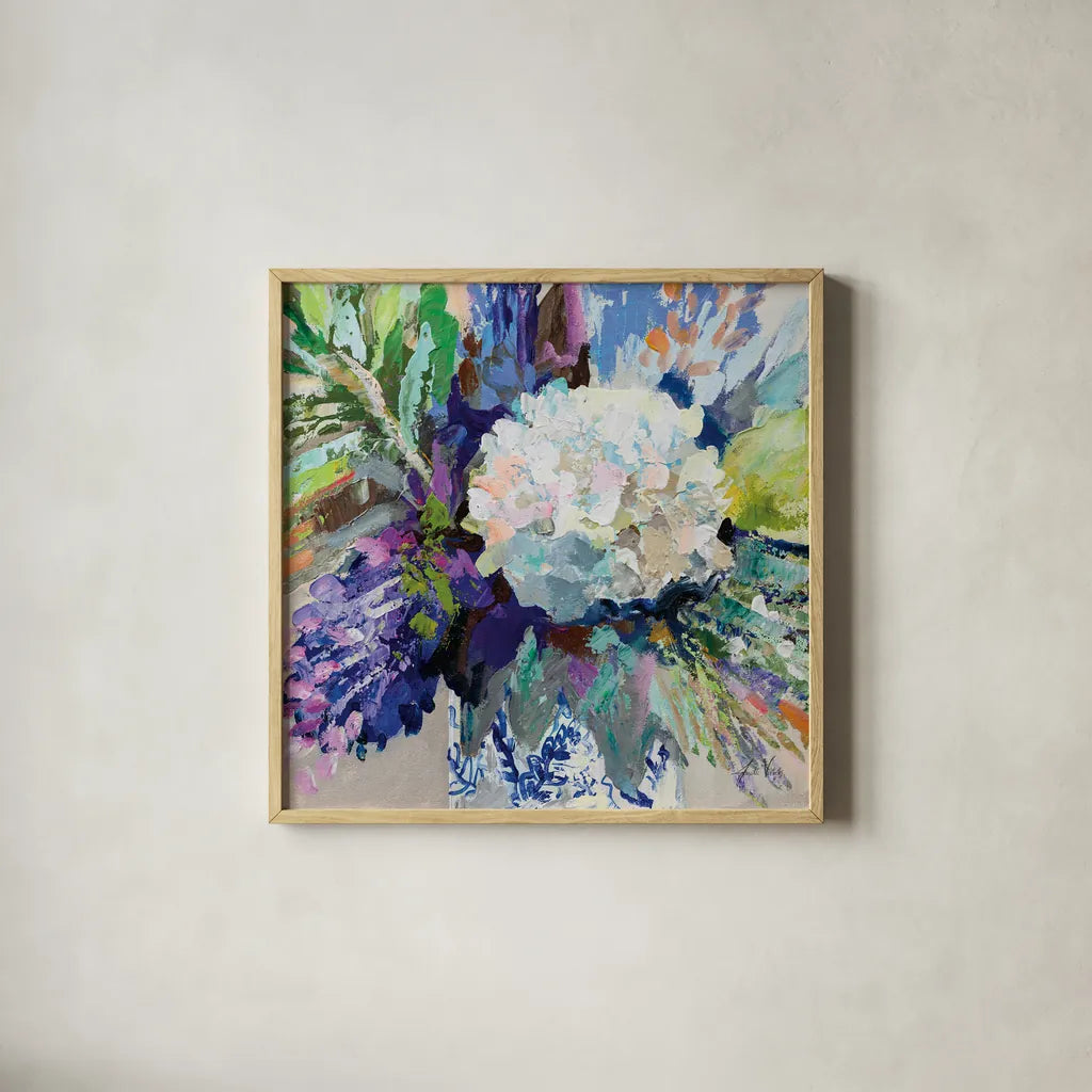 Hydrangea Chinoiserie I by Jeanette Vertentes. Shown in a natural wood glass frame for a timeless modern aesthetic. Available as an archival giclee rolled canvas, fine art paper, or poster print. SKU 84311a.