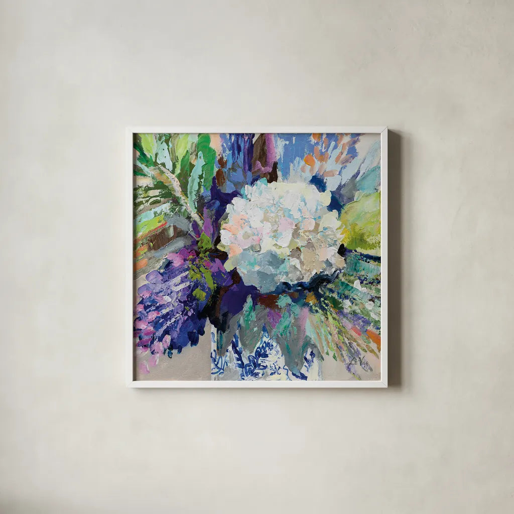 Hydrangea Chinoiserie I by Jeanette Vertentes. Shown in a crisp white glass frame for a clean and minimalist style. Available as an archival giclee rolled canvas, fine art paper, or poster print. SKU 84311a.