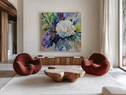 Hydrangea Chinoiserie I by Jeanette Vertentes. Shown as extra-large giant wall art in a modern living room. Available as an archival giclee rolled canvas, fine art paper, or poster print. SKU 84311a.