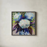 Hydrangea Chinoiserie II by Jeanette Vertentes. Shown in a sleek black glass frame for a contemporary gallery look. Available as an archival giclee rolled canvas, fine art paper, or poster print. SKU 84312a.