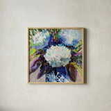 Hydrangea Chinoiserie II by Jeanette Vertentes. Shown in a natural wood glass frame for a timeless modern aesthetic. Available as an archival giclee rolled canvas, fine art paper, or poster print. SKU 84312a.