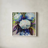Hydrangea Chinoiserie II by Jeanette Vertentes. Shown in a crisp white glass frame for a clean and minimalist style. Available as an archival giclee rolled canvas, fine art paper, or poster print. SKU 84312a.