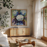 Hydrangea Chinoiserie II by Jeanette Vertentes. Shown in a natural wood frame in a cozy modern living room. Available as an archival giclee rolled canvas, fine art paper, or poster print. SKU 84312a.
