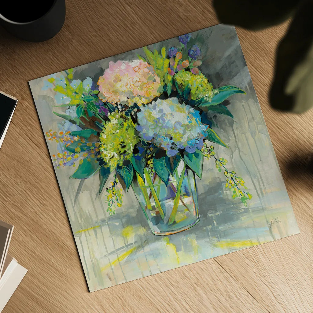 Hydrangeas from the Garden by Jeanette Vertentes. Shown as a detailed flat fine art print, highlighting archival giclee quality. Available as an archival giclee rolled canvas, fine art paper, or poster print. SKU 53183a.