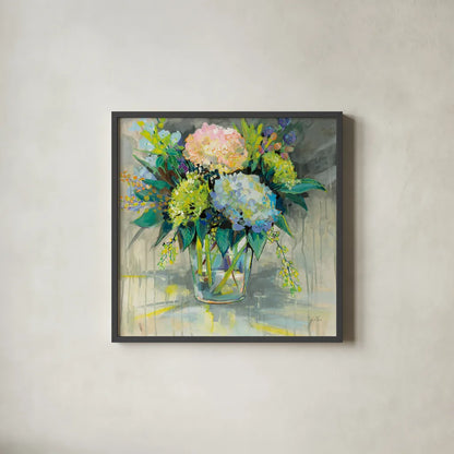 Hydrangeas from the Garden by Jeanette Vertentes. Shown in a sleek black glass frame for a contemporary gallery look. Available as an archival giclee rolled canvas, fine art paper, or poster print. SKU 53183a.