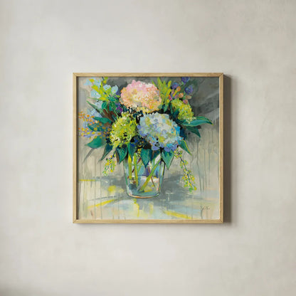 Hydrangeas from the Garden by Jeanette Vertentes. Shown in a natural wood glass frame for a timeless modern aesthetic. Available as an archival giclee rolled canvas, fine art paper, or poster print. SKU 53183a.